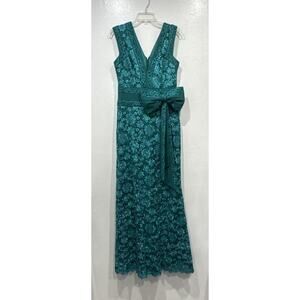 Tadashi Shoji Esha Embroidered Waist Bow Green Gown Womens Size 6 Holiday Dress